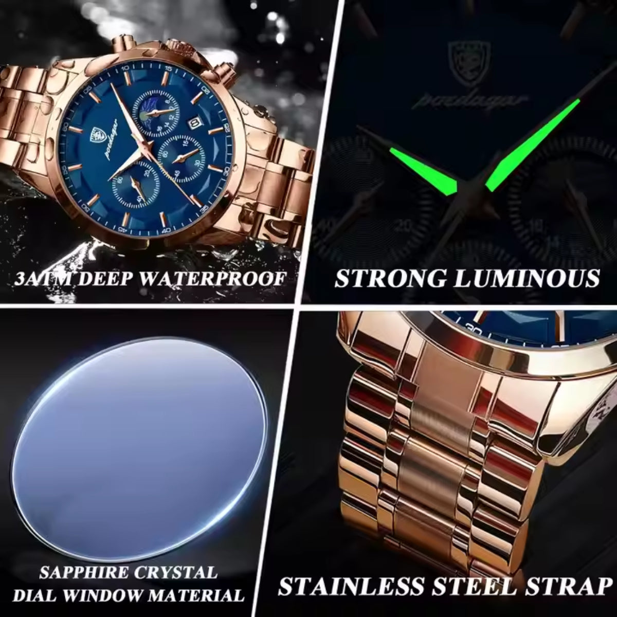 Luminous Stainless Steel Band Waterproof Multifunction Quartz Watch