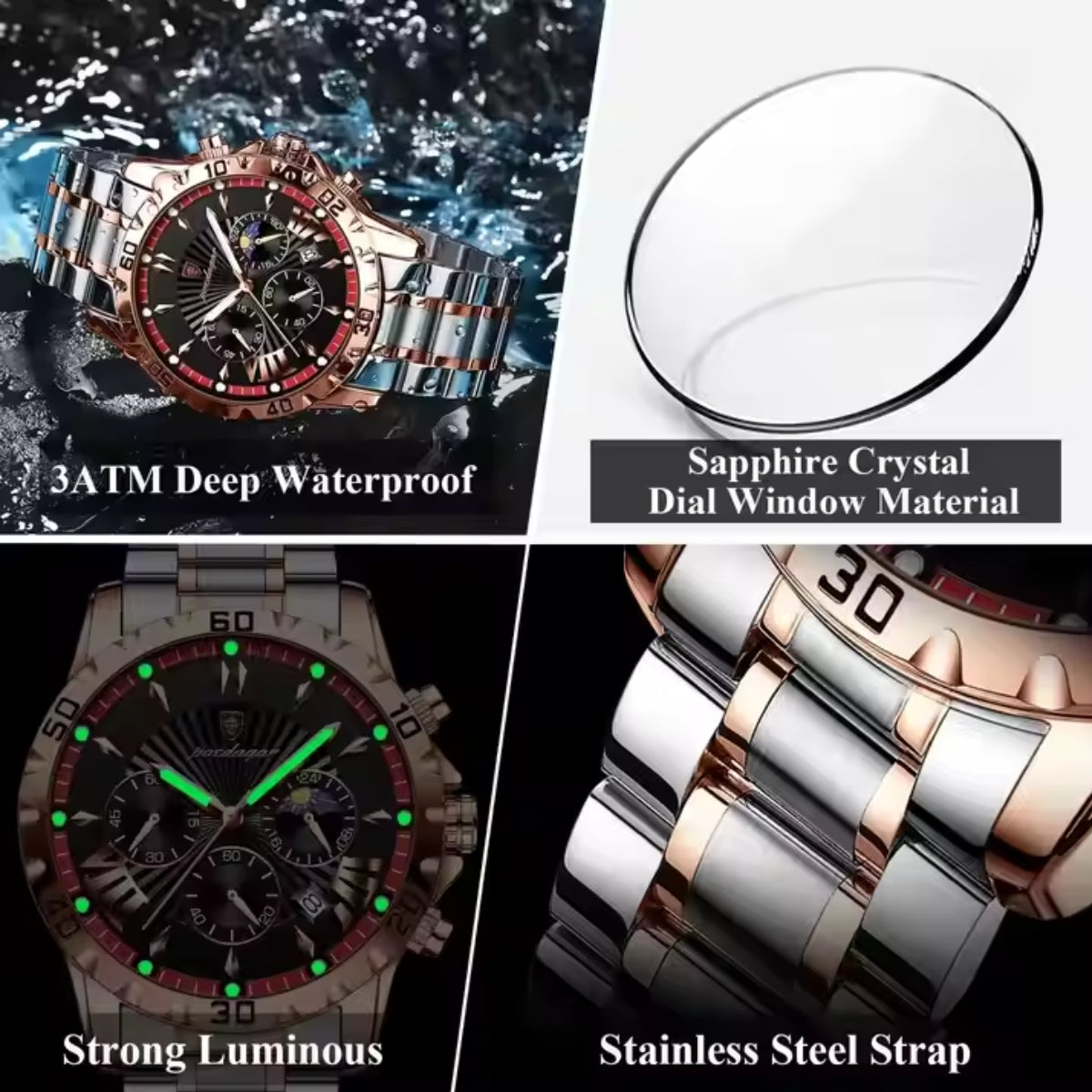 Luminous Men Quartz Watches Chronograph Stainless Steel Wristwatch